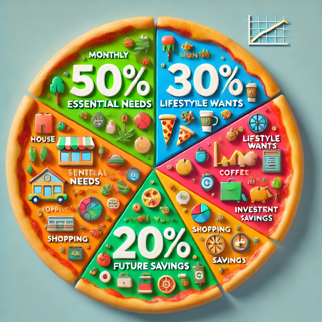 Financial pizza showing 50/30/20 budget rule with income divided into needs, wants, and savings.